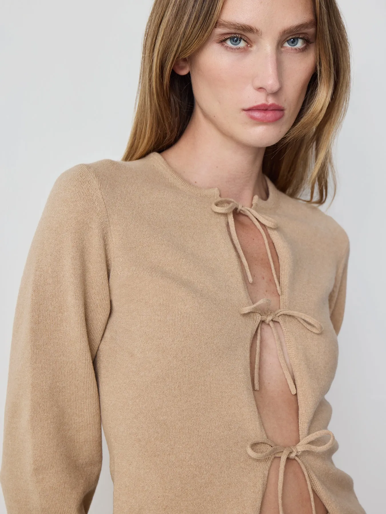 Tie Front Cashmere Cardigan in Camel