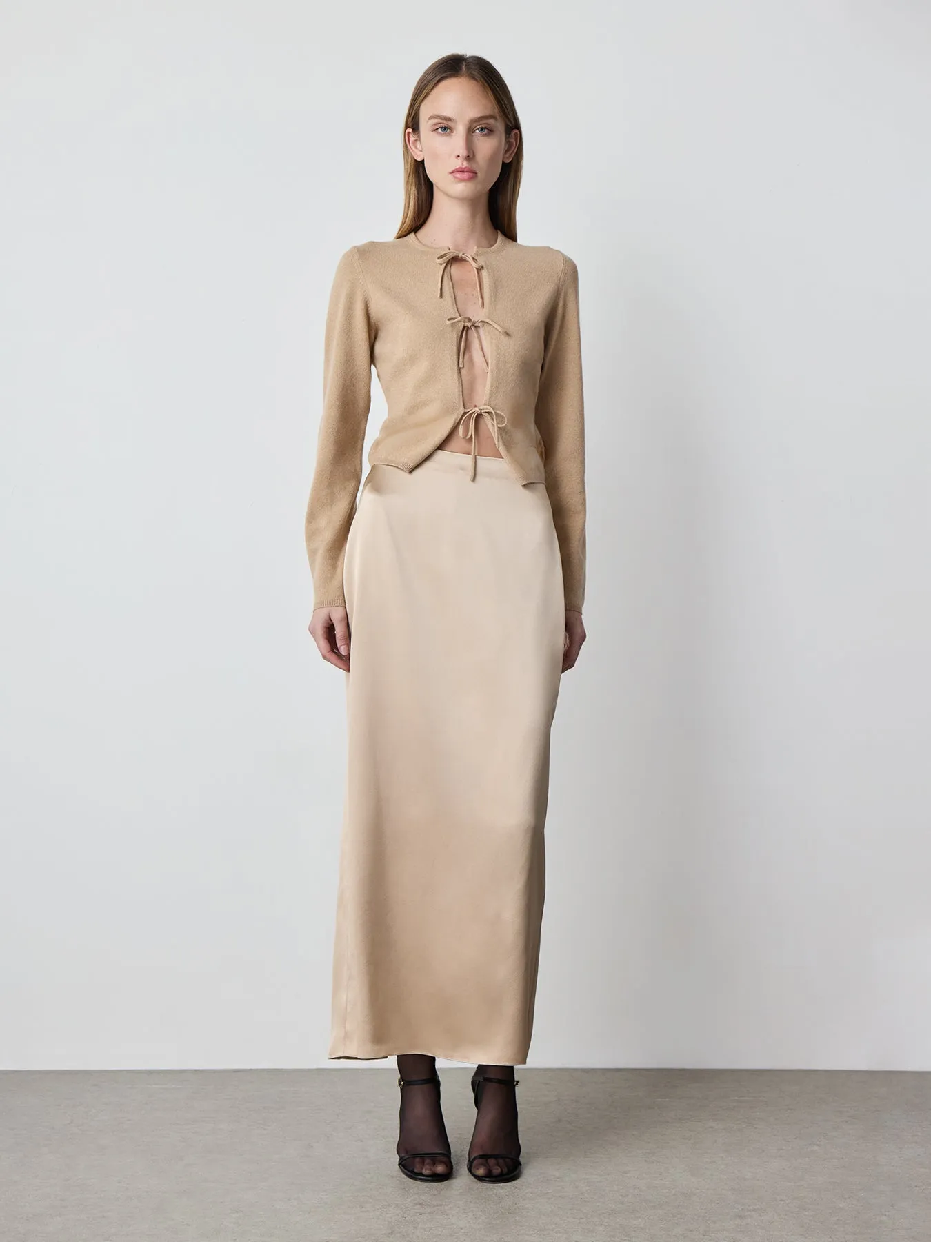 Tie Front Cashmere Cardigan in Camel