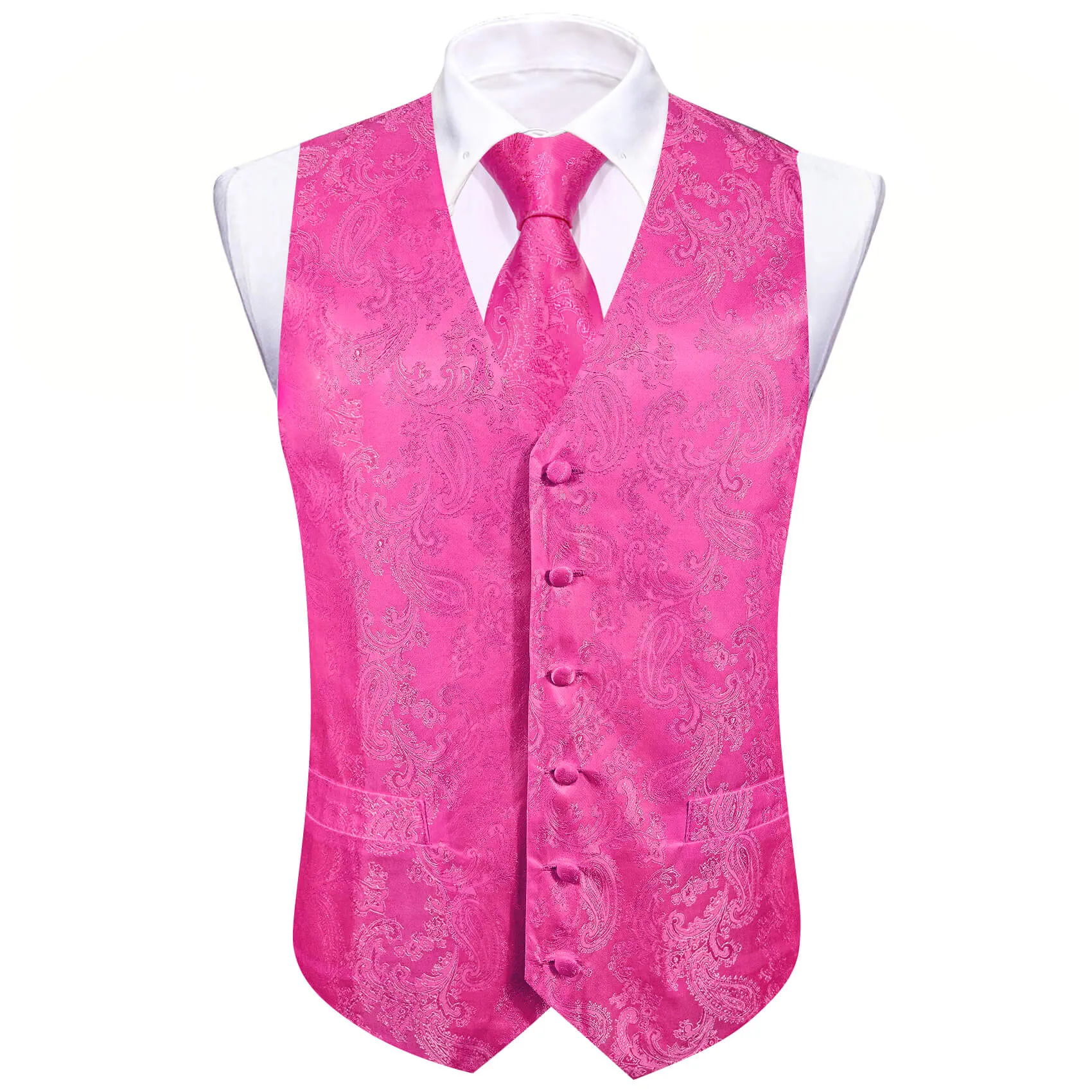 Ties2you Vest for Men Deep Pink Paisley Silk Vest Tie Bow Tie Set 5PC