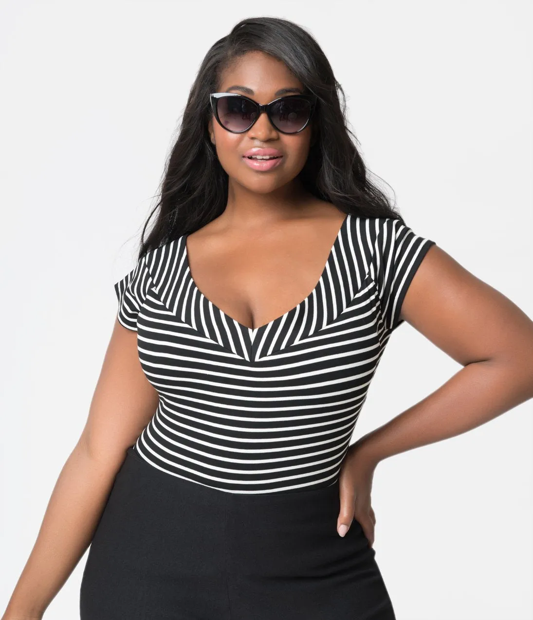 Unique Vintage Plus Size 1950s Style Black & White Striped Stretch Knit Deena Top