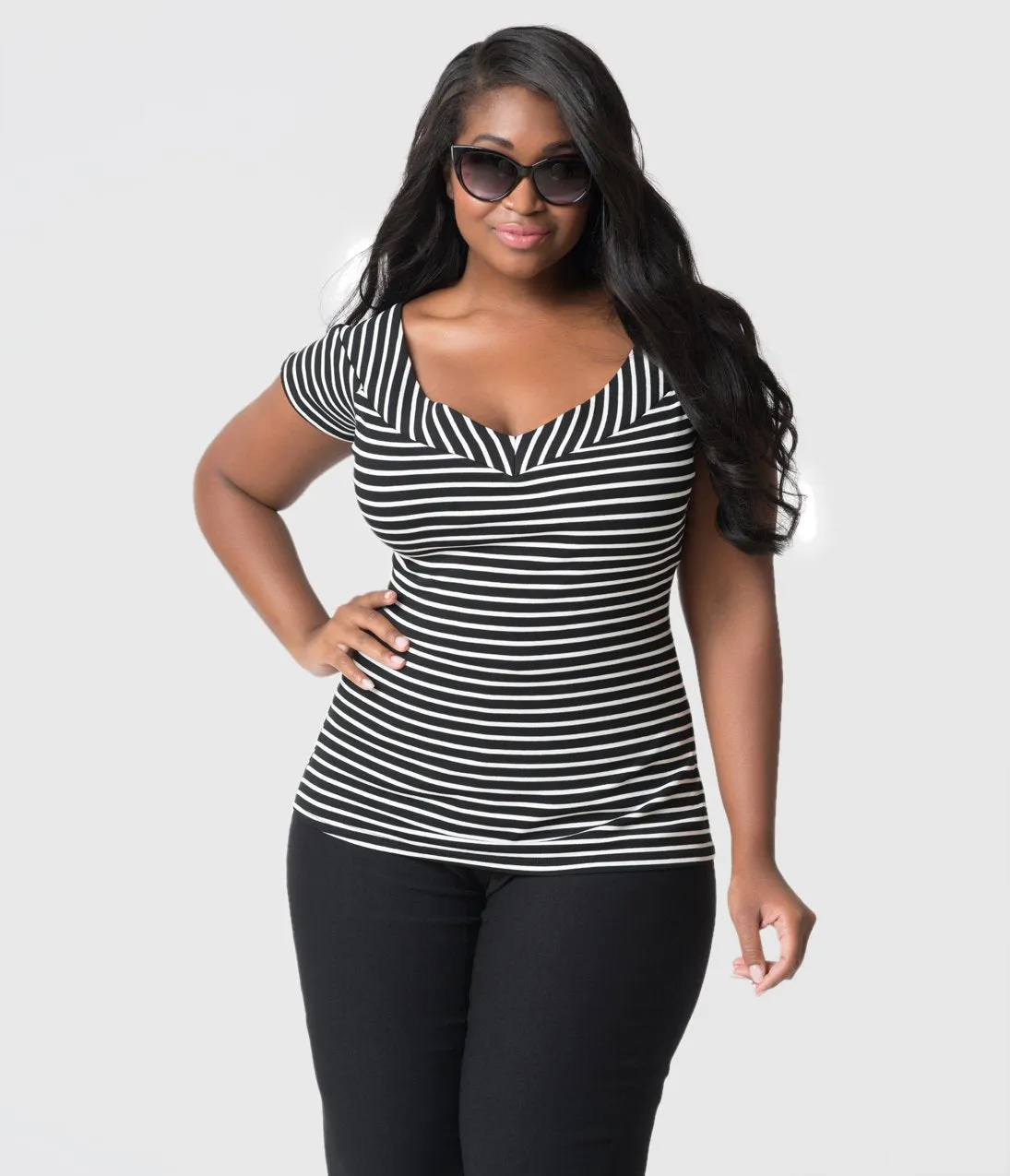 Unique Vintage Plus Size 1950s Style Black & White Striped Stretch Knit Deena Top