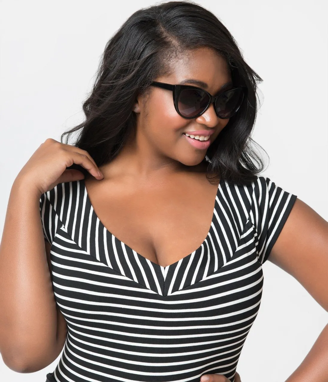 Unique Vintage Plus Size 1950s Style Black & White Striped Stretch Knit Deena Top