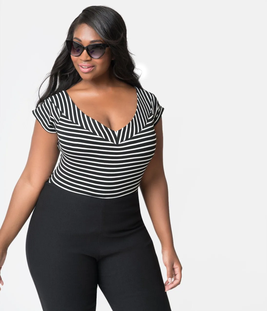 Unique Vintage Plus Size 1950s Style Black & White Striped Stretch Knit Deena Top