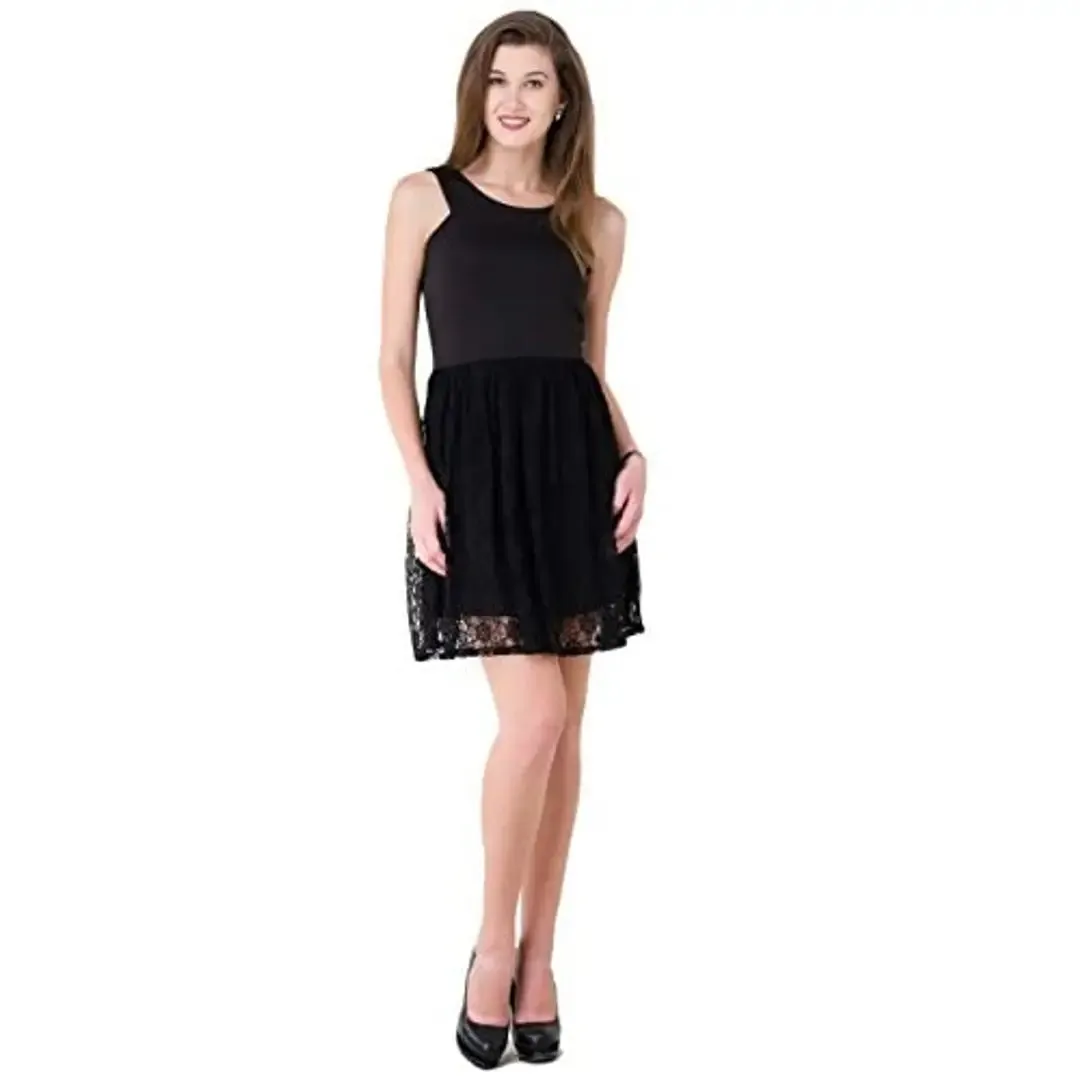 V&M Black Designer Lace Fit & Flare Cut Out Short Dress for Women with One Pocket (vm114)