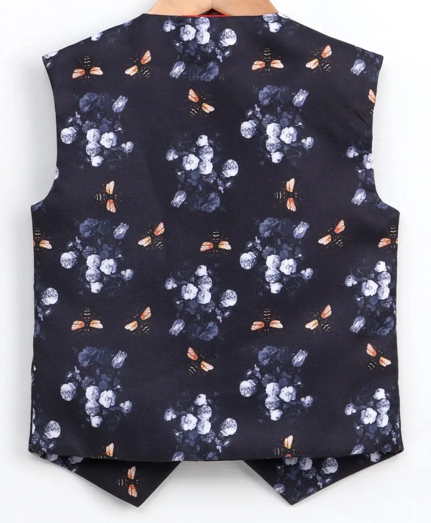 VASTRAMAY Bopy's Jute Feel Fabric Digital Printed Navy Blue Nehru Jacket