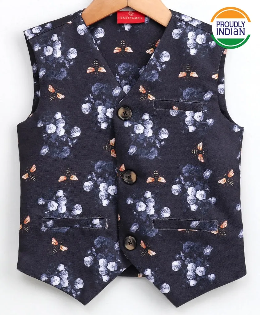 VASTRAMAY Bopy's Jute Feel Fabric Digital Printed Navy Blue Nehru Jacket