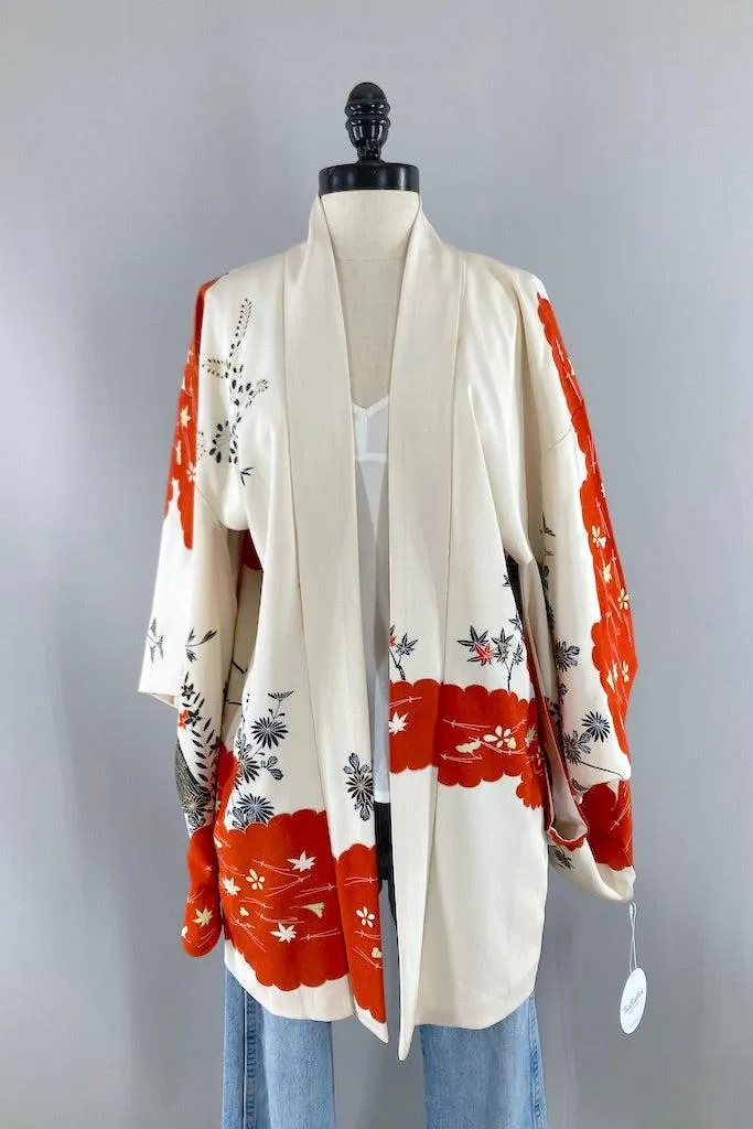 Vintage Ivory & Red Silk Kimono Cardigan