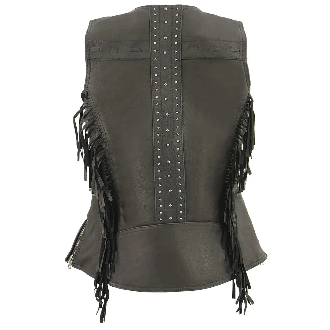 W Black Fringed Leather Vest MLL4565