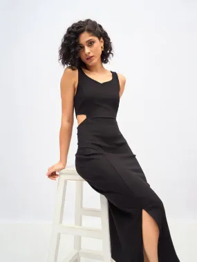 Women Black Rib Waist Cut-Out Midi Dress