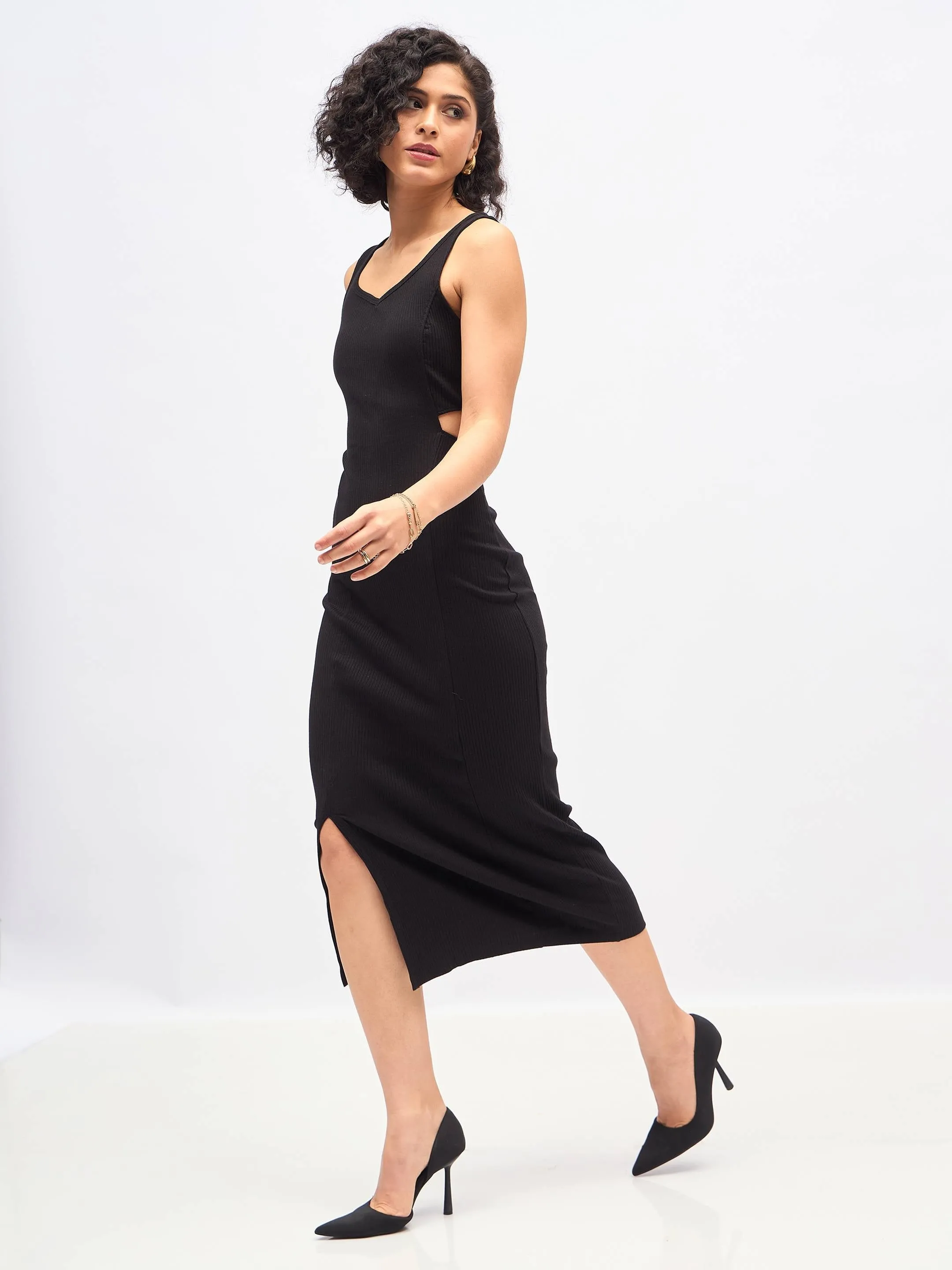 Women Black Rib Waist Cut-Out Midi Dress