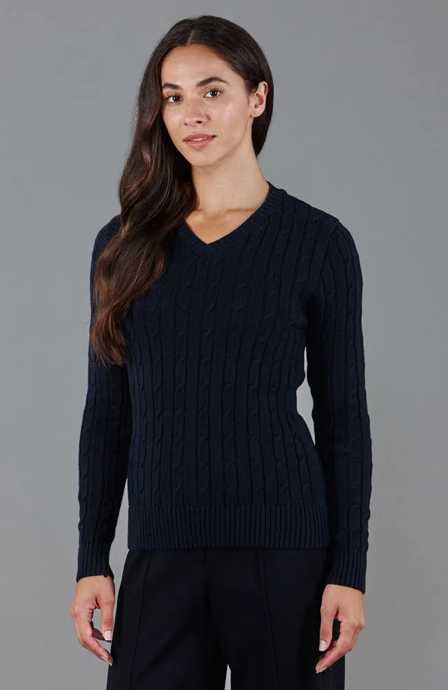 Womens Cotton Cable V Neck Jumper