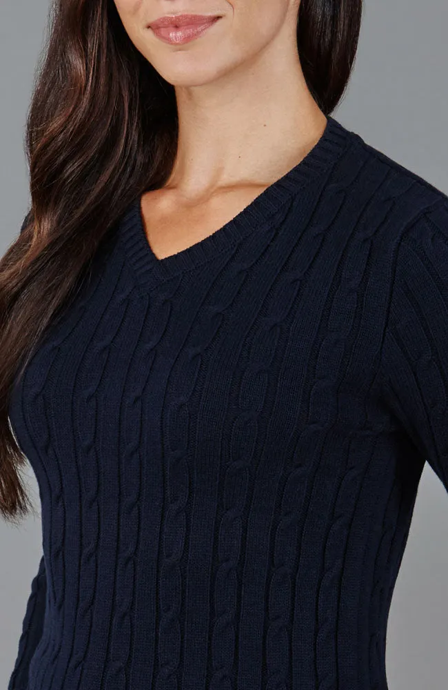 Womens Cotton Cable V Neck Jumper