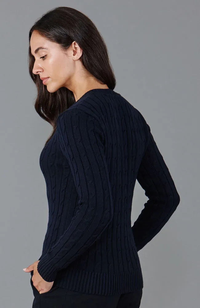 Womens Cotton Cable V Neck Jumper