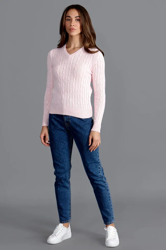 Womens Cotton Cable V Neck Jumper