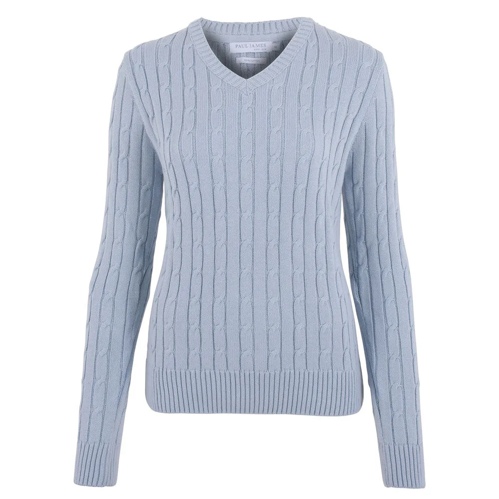 Womens Cotton Cable V Neck Jumper