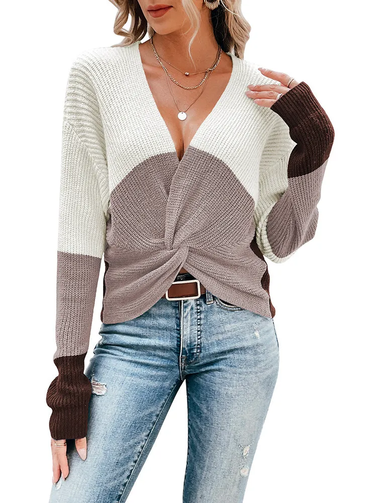 Women's Deep V Neck Long Sleeve Twsit Knot Cropped Knit Pullover Sweater