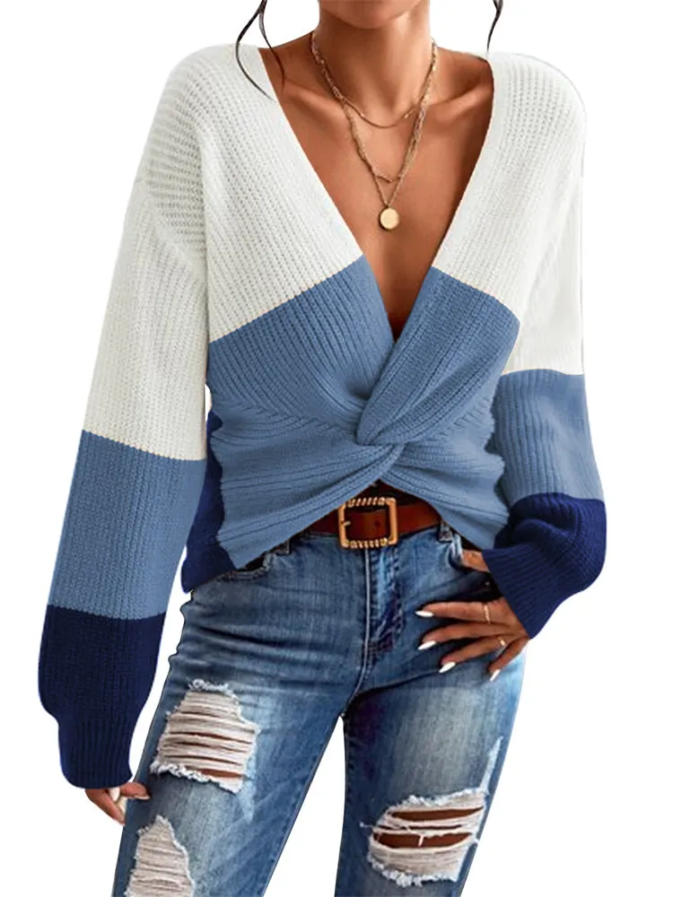 Women's Deep V Neck Long Sleeve Twsit Knot Cropped Knit Pullover Sweater