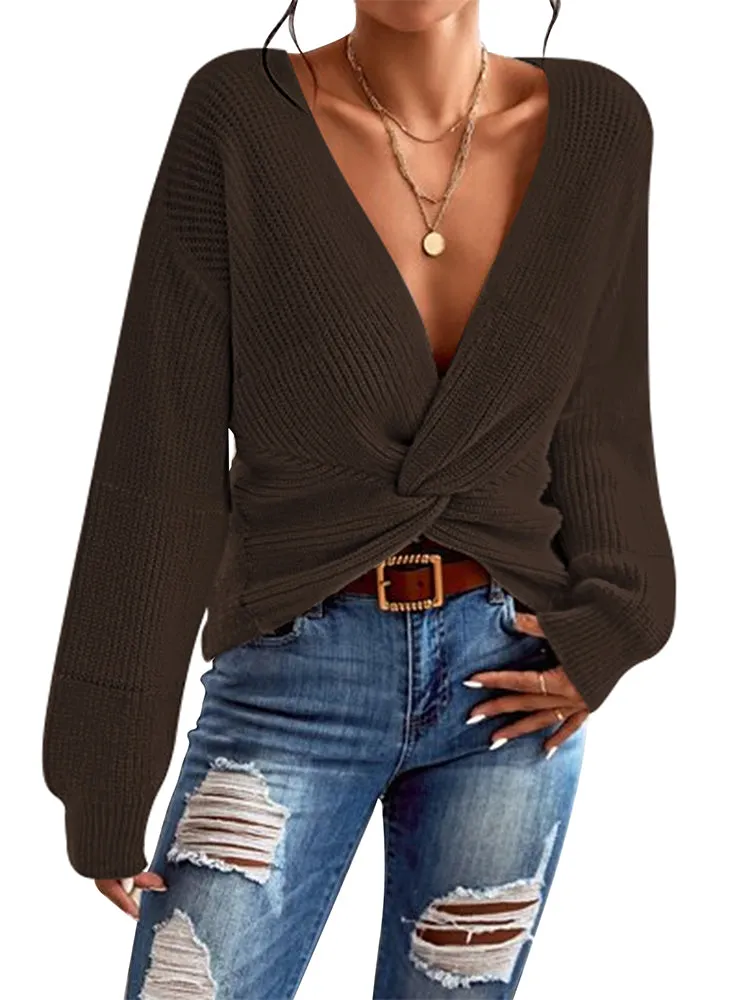 Women's Deep V Neck Long Sleeve Twsit Knot Cropped Knit Pullover Sweater