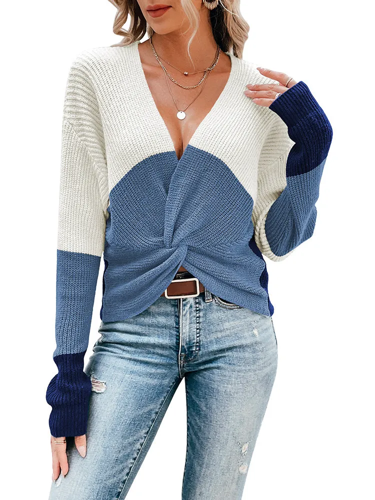 Women's Deep V Neck Long Sleeve Twsit Knot Cropped Knit Pullover Sweater