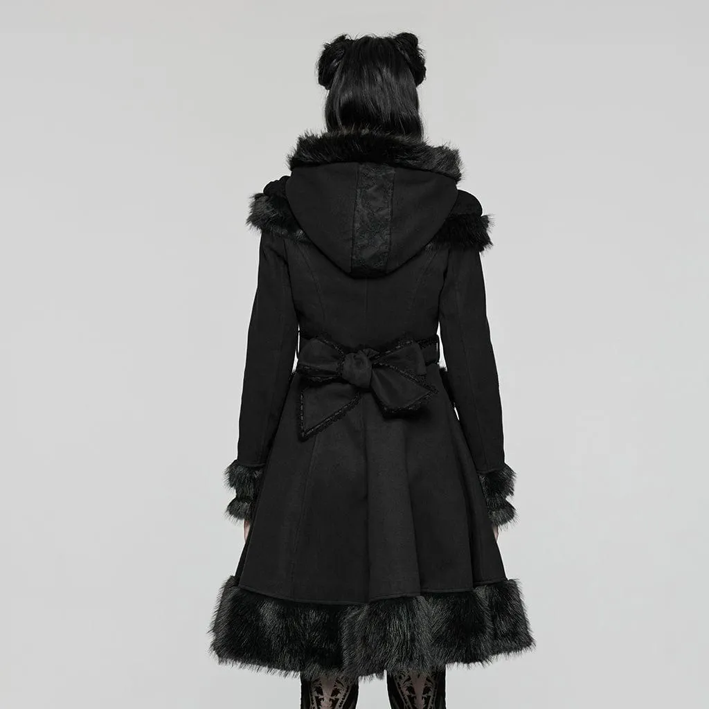 Women's Lolita Hooded Bowknot Overcoat