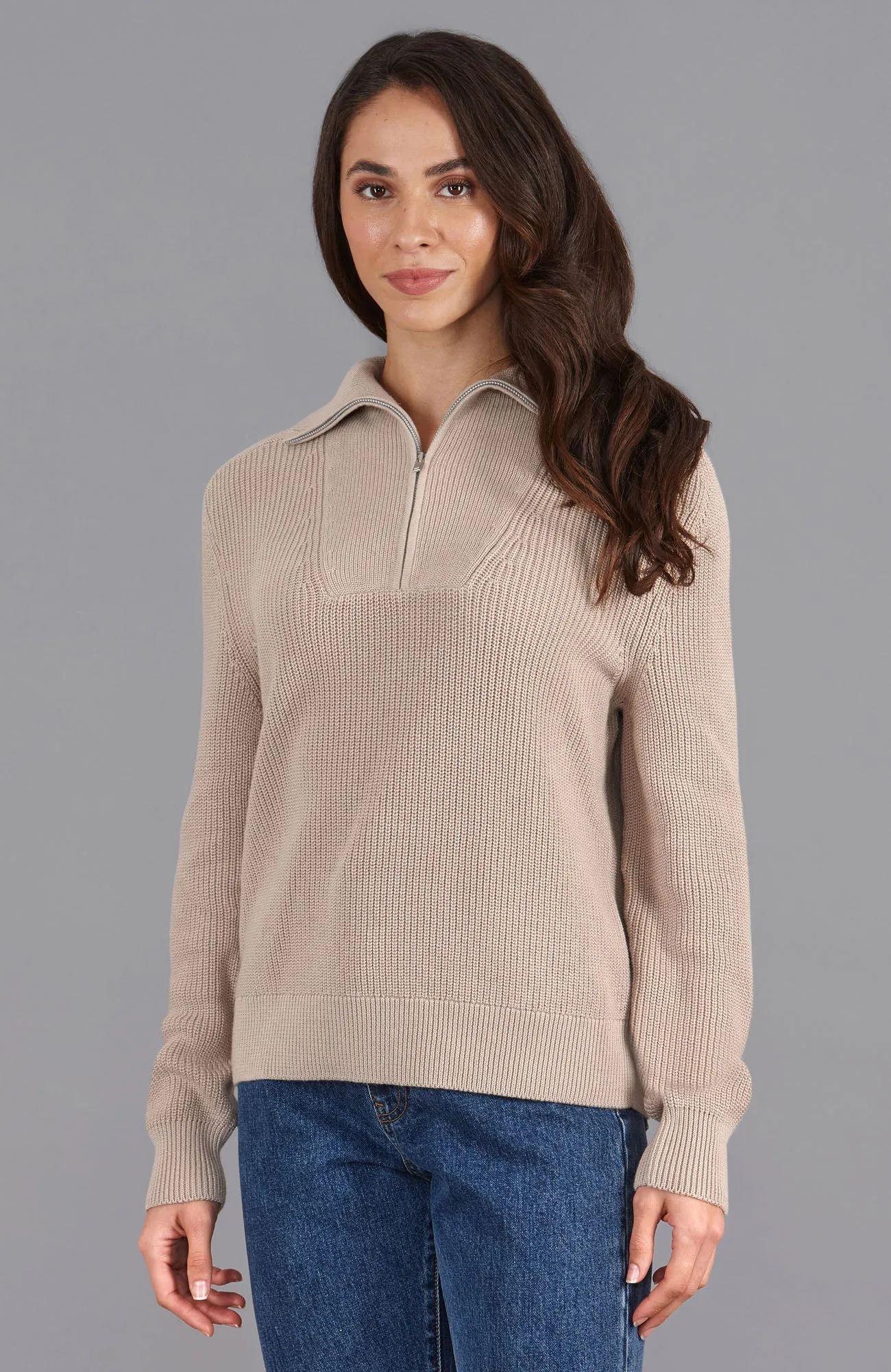 Womens Midweight Cotton Troyer Zip Neck Ribbed Jumper