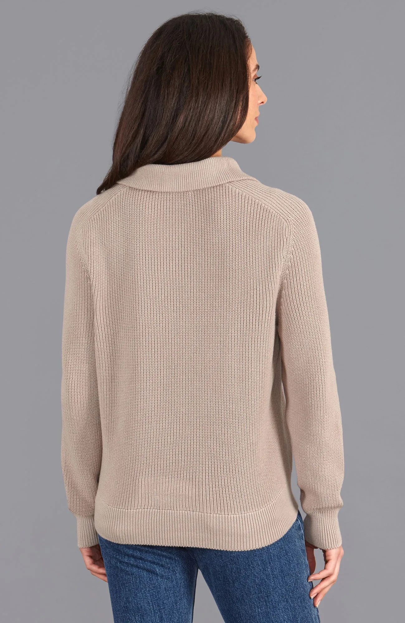 Womens Midweight Cotton Troyer Zip Neck Ribbed Jumper