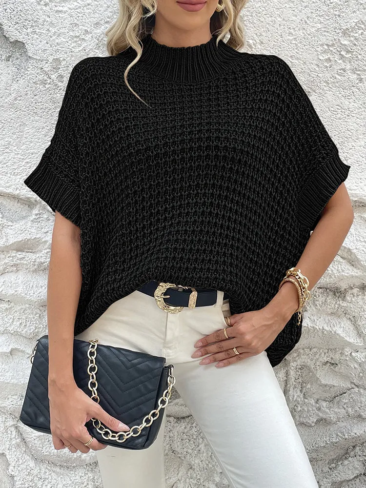 Women's Mock Neck Batwing Short Sleeve Pullover Sweater Loose Oversized Knit Jumper Tops