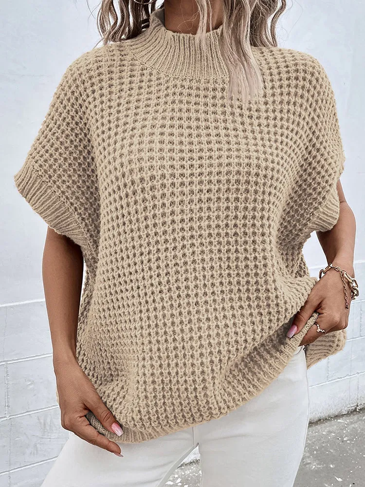 Women's Mock Neck Batwing Short Sleeve Pullover Sweater Loose Oversized Knit Jumper Tops