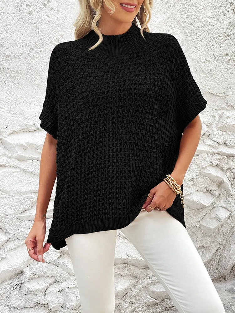 Women's Mock Neck Batwing Short Sleeve Pullover Sweater Loose Oversized Knit Jumper Tops