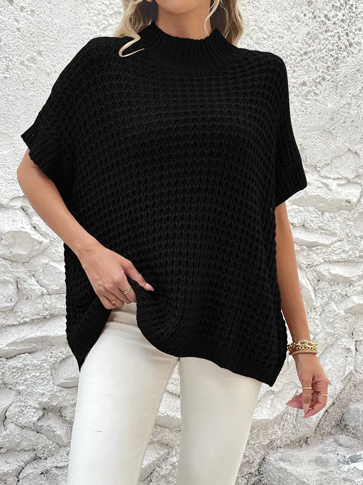 Women's Mock Neck Batwing Short Sleeve Pullover Sweater Loose Oversized Knit Jumper Tops