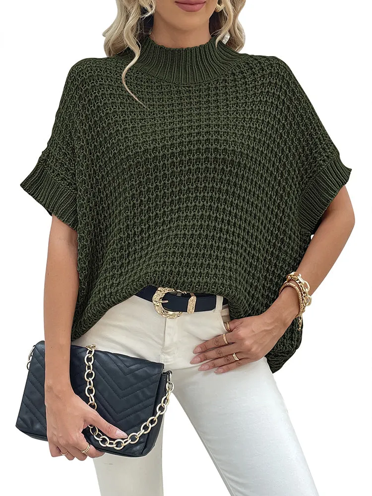 Women's Mock Neck Batwing Short Sleeve Pullover Sweater Loose Oversized Knit Jumper Tops