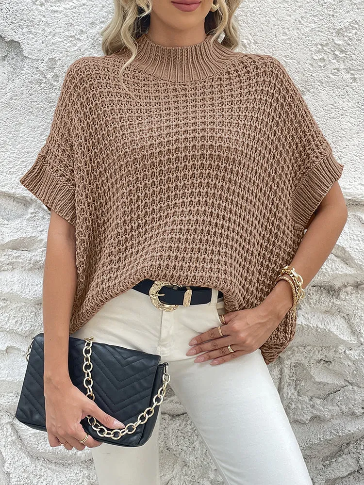 Women's Mock Neck Batwing Short Sleeve Pullover Sweater Loose Oversized Knit Jumper Tops