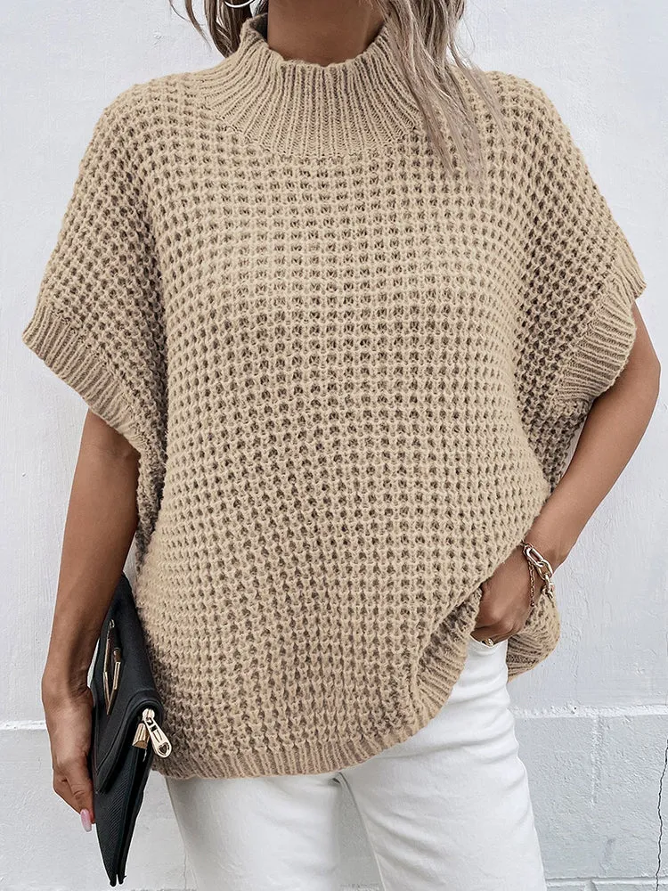 Women's Mock Neck Batwing Short Sleeve Pullover Sweater Loose Oversized Knit Jumper Tops