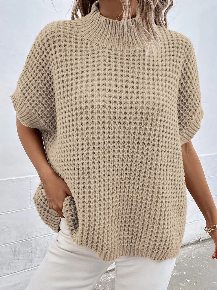 Women's Mock Neck Batwing Short Sleeve Pullover Sweater Loose Oversized Knit Jumper Tops