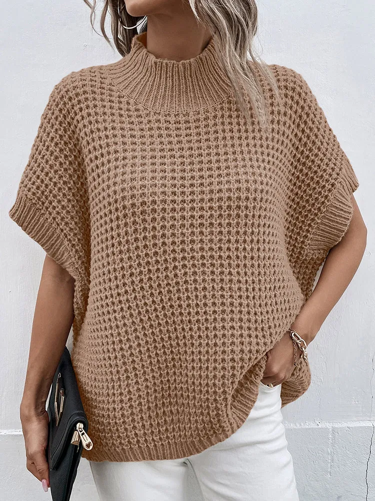 Women's Mock Neck Batwing Short Sleeve Pullover Sweater Loose Oversized Knit Jumper Tops