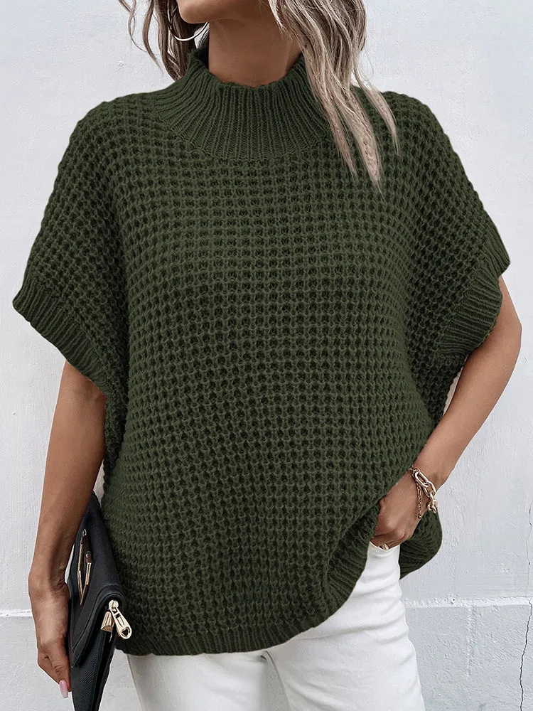 Women's Mock Neck Batwing Short Sleeve Pullover Sweater Loose Oversized Knit Jumper Tops