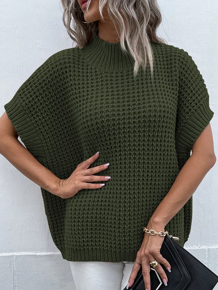 Women's Mock Neck Batwing Short Sleeve Pullover Sweater Loose Oversized Knit Jumper Tops