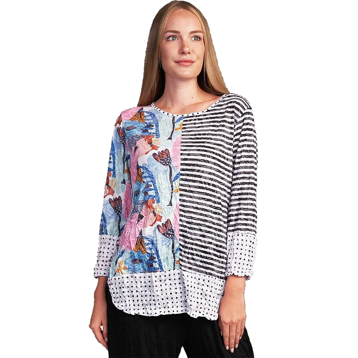 Women's Shana Apparel Crinkle Mix Media Stripe Top Black